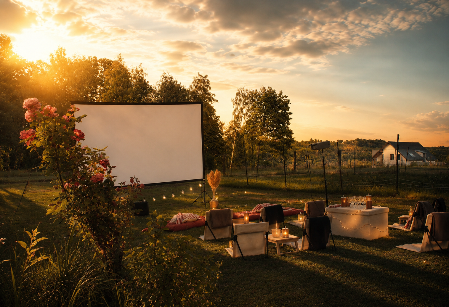 Écran de cinéma installé dans un jardin au coucher du soleil, fauteuils et guirlandes lumineuses