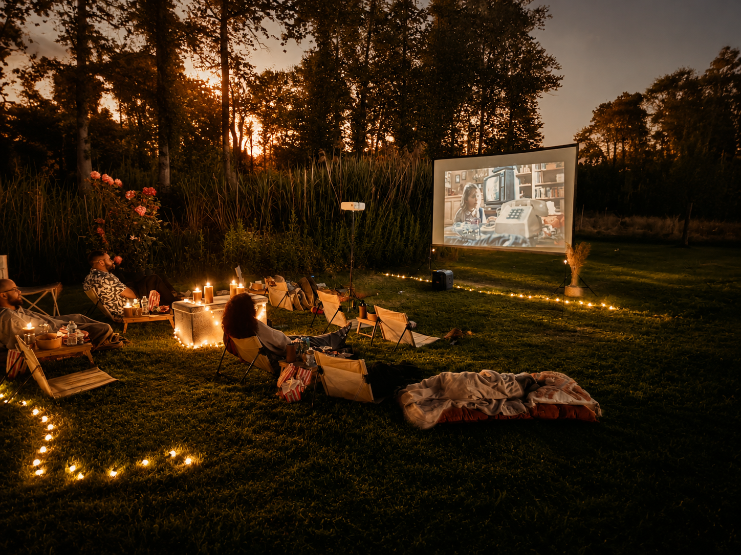 Soirée cinéma en plein air à la nuit tombée, écran illuminé, bougies et invités installés