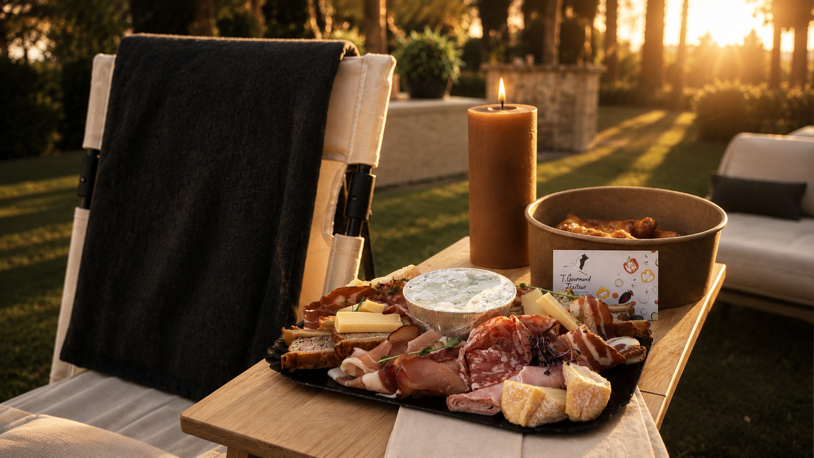 Plateau apéritif T.GOURMAND dressé en plein air au coucher du soleil